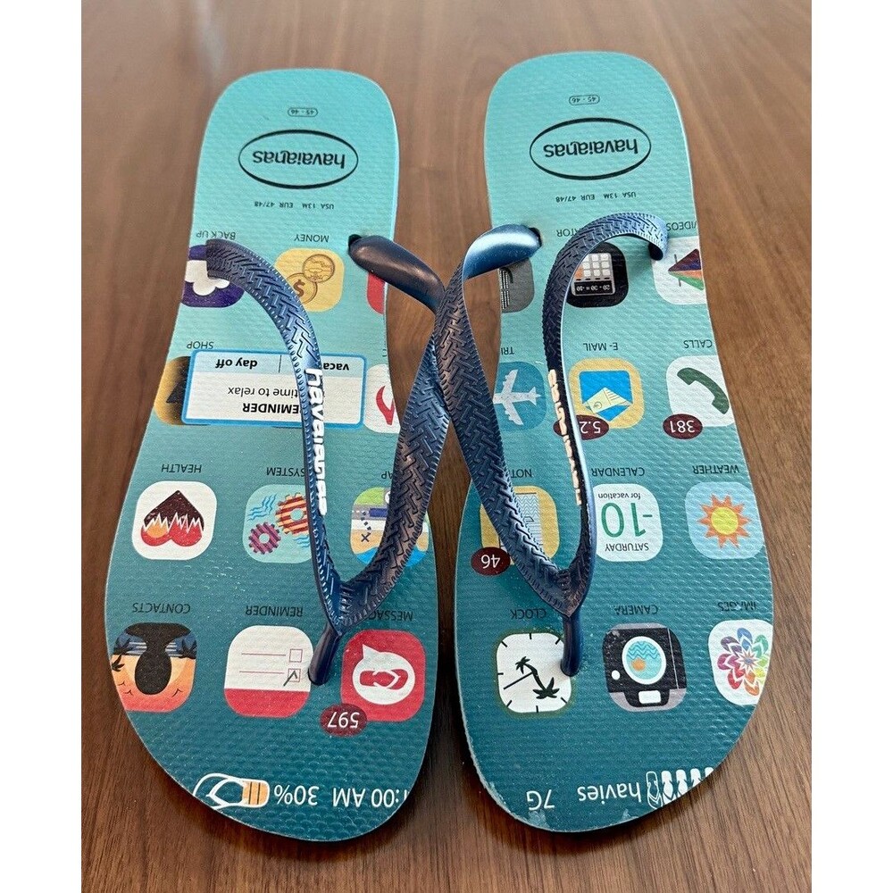 Havaianas Men’s Blue Graphic Flip Flop Sandals Logo Rubber US 13